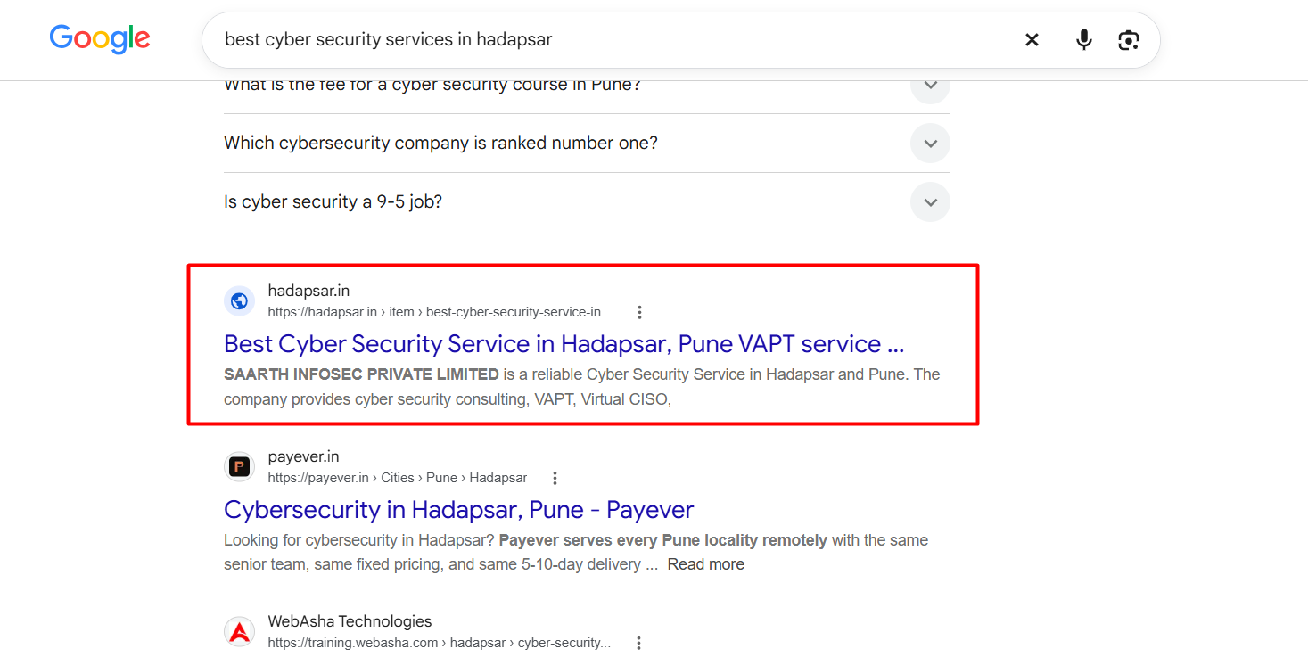 Hadapsar.in cybersecurity listing appearing in Google Search for best cyber security services in Hadapsar
